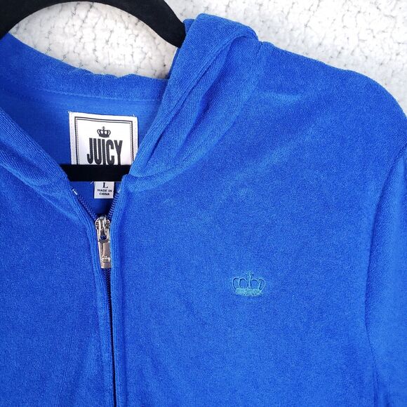 Juicy Couture Jacket Womens L Blue Velour Hoodie Track Sweater Y2K Soft Girl - Picture 4 of 11